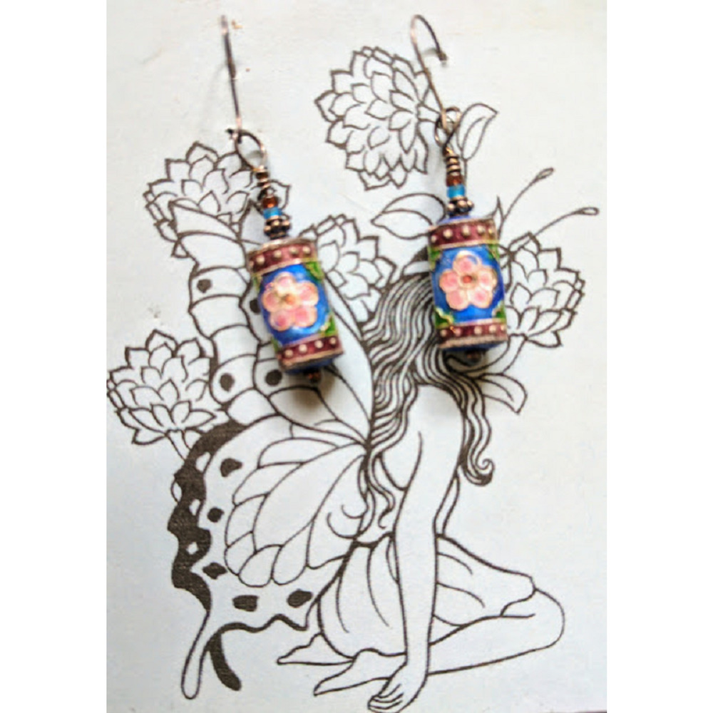 Hand Beaded Earrings w/ Crystal, Glass, Semi Precious Stone Blue Enameled Flower